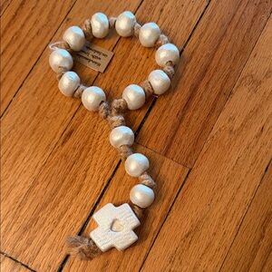 Decorative Rosary  Cream Wooden Bead Strand with Cross Accent